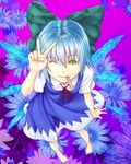  barefoot blue_hair bow cirno crystal dress enmatime face flower foreshortening from_above green_eyes hair_bow hands highres mouth_hold one_eye_closed popsicle_stick short_hair solo touhou v wings 