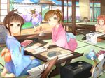  akizuki_ritsuko bad_id bad_pixiv_id barefoot brown_eyes brown_hair calligraphy cat futami_ami futami_mami glasses green_eyes idolmaster idolmaster_(classic) japanese_clothes kimono looking_at_viewer marble multiple_girls nonowa patricia_(shooooter5) seiza sitting stone_lantern table takatsuki_yayoi tatami 