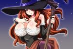 bare_shoulders breasts brown_eyes brown_hair chirorian cleavage detached_sleeves dragon's_crown dress hat hat_over_one_eye large_breasts long_hair oekaki solo sorceress_(dragon's_crown) staff strapless strapless_dress witch_hat 