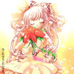  alternate_costume bad_id bad_pixiv_id bow closed_eyes dress flower fujiwara_no_mokou hair_bow long_hair petals simple_background solo touhou translated very_long_hair wedding_dress white_hair yanmarson 