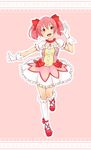  bow choker circle dress frilled_dress frilled_legwear frilled_skirt frills full_body gloves hair_bow hair_ornament hair_ribbon hand_up happy heart kaname_madoka kneehighs knees_touching magical_girl mahou_shoujo_madoka_magica open_mouth outstretched_arm pink pink_eyes pink_hair pumps red_choker ribbon ribbon_choker shoes short_hair short_twintails simple_background skirt socks solo standing standing_on_one_leg teeth twintails waving zukaketawagase 
