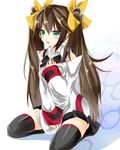  aqua_eyes black_legwear blush brown_hair hair_ribbon huang_lingyin infinite_stratos kakao long_hair open_mouth ribbon seiza sitting solo thighhighs twintails zettai_ryouiki 