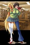  book books conjoined freckles gamera gamera_(artist) library long_hair miniskirt multi_breast original short_skirt skirt three_legs very_long_hair 