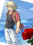  bad_id bad_pixiv_id barnaby_brooks_jr beach belt blonde_hair day flower glasses green_eyes hawaiian_shirt hibiscus homutatu jewelry male_focus necklace outstretched_hand shirt shorts solo t-shirt tiger_&amp;_bunny 