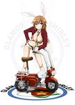  animal_ears belt between_breasts bikini_top blue_eyes blush breasts bunny_ears charlotte_e_yeager covered_nipples grin ground_vehicle jacket large_breasts leaning long_hair military military_uniform moped motor_vehicle motorcycle navel necktie open_clothes open_fly open_shirt open_shorts orange_hair shirt short_shorts shorts smile solo strike_witches uniform unzipped world_witches_series yozo_(stanky) 