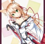  animal_ears bare_shoulders bell blonde_hair blush breasts bridal_gauntlets choker cleavage dutch_angle earrings green_eyes hair_ribbon head_tilt japanese_clothes jewelry jingle_bell long_hair medium_breasts ok-ray original paw_pose ribbon rope solo tattoo 