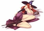  appurin ass bad_proportions bare_shoulders breasts cleavage curvy detached_sleeves dragon's_crown dress hand_on_ass hat hat_over_one_eye huge_breasts legs long_hair red_eyes red_hair side_slit solo sorceress_(dragon's_crown) staff strapless strapless_dress witch_hat 
