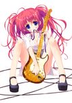  ahoge bad_id bad_pixiv_id blue_eyes blush breasts cleavage guitar instrument large_breasts long_hair mary_janes mouth_hold original red_hair ribbon shoes solo tsurusaki_takahiro twintails 