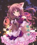  animal_ears asakura_hayate bangs basket blush bow brown_hair cat_ears corset dress eyebrows_visible_through_hair flower hair_between_eyes hair_flower hair_ornament hairband ivy long_sleeves looking_at_viewer original solo sunset tree yellow_eyes 