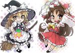  apron ascot bad_id bad_pixiv_id blonde_hair bow braid broom brown_eyes brown_hair detached_sleeves dress gohei grin hair_bow hakurei_reimu hat kirisame_marisa long_hair mary_janes mitsuki_(goomoku) multiple_girls open_mouth ribbon shoes single_braid skirt smile touhou witch witch_hat yellow_eyes 