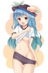  alcohol_(coldfront) bad_id bad_pixiv_id blue_hair blush breasts buruma buruma_pull food fruit groin hat highres hinanawi_tenshi lifted_by_self long_hair medium_breasts navel nipple_slip nipples no_bra no_panties open_mouth peach pulled_by_self red_eyes shirt_lift solo sportswear touhou underboob undressing 