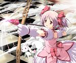  arrow blue_door bow bow_(weapon) checkered checkered_floor choker dress gloves hair_bow highres kaname_madoka kyubey magical_girl mahou_shoujo_madoka_magica pink_eyes pink_hair ribbon short_twintails twintails weapon white_gloves 