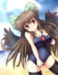  bad_id bad_pixiv_id bare_shoulders beach black_legwear black_wings blush bow breasts brown_hair cleavage competition_swimsuit cyanomirahi dutch_angle green_bow hair_bow head_tilt highres large_breasts long_hair one-piece_swimsuit red_eyes reiuji_utsuho school_swimsuit solo swimsuit thighhighs third_eye touhou very_long_hair wings 