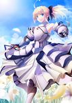  ahoge armor armored_dress artoria_pendragon_(all) bare_shoulders blonde_hair blue_eyes bow detached_sleeves dress excalibur fate/stay_night fate/unlimited_codes fate_(series) pen_(steelleets) saber saber_lily solo sword weapon 