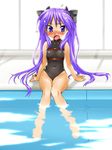  bad_id bad_pixiv_id barefoot blue_eyes blush cosplay covered_navel fate_testarossa fate_testarossa_(cosplay) highres hiiragi_kagami indoors kamia_(not_found) long_hair lucky_star lyrical_nanoha mahou_shoujo_lyrical_nanoha pool poolside purple_hair refraction sitting soaking_feet solo sweatdrop swimsuit twintails very_long_hair water window 