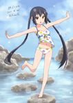  2011 :o artist_name balancing barefoot black_hair brown_eyes dated day errant full_body k-on! light_particles long_hair nakano_azusa navel outstretched_arms polka_dot rock solo spread_arms standing standing_on_one_leg swimsuit twintails very_long_hair water 