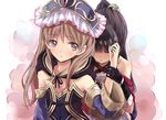  arm_grab atelier_(series) atelier_meruru atelier_totori black_hair blue_sleeves blush brown_eyes brown_hair closed_eyes detached_sleeves gloves hair_over_eyes hat long_hair maromi_(am97) mimi_houllier_von_schwarzlang multiple_girls totooria_helmold yuri 