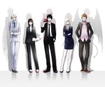  3boys akutabe alternate_form azazel beelzebub_(azazel-san) black_hair blonde_hair formal glasses kagami_ei lineup multiple_boys multiple_girls necktie no_eyebrows sakuma_rinko suit undine_(azazel-san) yondemasu_yo_azazel-san. 