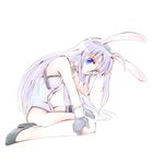  animal_ears asymmetrical_legwear bare_legs blue_eyes bunny_ears bunnysuit gloves hair_ornament jason_(kaiten_kussaku_kikou) long_hair lyrical_nanoha mahou_shoujo_lyrical_nanoha_strikers purple_eyes reinforce_zwei single_thighhigh sitting solo thighhighs wariza wrist_cuffs x_hair_ornament 