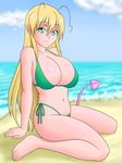  1girl artist_request barefoot beach bikini blonde_hair breasts character_request cleavage female green_eyes haru_(hall) huge_breasts long_hair lotte_no_omocha! mercelida_ygvar milf pointy_ears smile solo swimsuit tail 