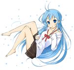  antenna_hair barefoot blue_eyes blue_hair denpa_onna_to_seishun_otoko feet full_body highres legs off_shoulder school_uniform simple_background sleeves_past_wrists solo touwa_erio wara_(warapro) 