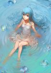  ahoge bare_legs bare_shoulders blue_eyes blue_hair bubble charimei denpa_onna_to_seishun_otoko dress from_above legs long_hair looking_up partially_submerged sitting skirt solo sundress touwa_erio water wet wet_clothes white_skirt 