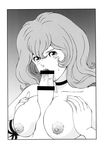  1girl blush breast_squeeze breasts censored fellatio highres large_breasts long_hair looking_at_viewer lupin_iii mine_fujiko monochrome nipples nude oral paizuri penis rippadou saliva sweatdrop tms_entertainment 