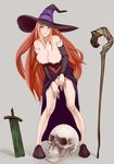  bare_shoulders blush breasts brown_eyes brown_hair cleavage detached_sleeves dragon's_crown dress hat large_breasts leaning_forward long_hair no_panties palch_(hugo) skull solo sorceress_(dragon's_crown) staff strapless strapless_dress sword weapon witch_hat 