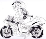  alternate_costume ass backpack bag bare_shoulders blush boots breasts gloves goggles goggles_on_head ground_vehicle hair_bobbles hair_ornament hat huge_breasts kawashiro_nitori key monochrome motor_vehicle motorcycle okiraku_nikku short_hair sideboob solo string_bikini touhou two_side_up weapon 