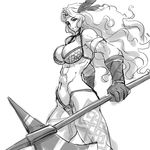  amazon_(dragon's_crown) armor bikini_armor circlet dragon's_crown feathers gloves greyscale halberd long_hair magaki_ryouta monochrome muscle polearm sketch solo tattoo weapon 