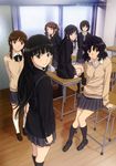  absurdres amagami artbook ayatsuji_tsukasa black_eyes black_hair blue_eyes brown_eyes brown_hair desk gouda_hiroaki highres kibito_high_school_uniform legs long_hair long_sleeves looking_back morishima_haruka multiple_girls nakata_sae nanasaki_ai non-web_source official_art pleated_skirt ribbon_bangs sakurai_rihoko scan school_uniform skirt smile socks sweater tanamachi_kaoru twintails very_long_hair 