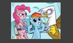  blue_fur dizzypacce dreckerjones equine female feral friendship_is_magic fur gilda_(mlp) gryphon horse jetpack mammal my_little_pony pegasus photo_bombed pink_fur pinkie_pie_(mlp) pony rainbow_dash_(mlp) trolling wings 