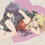  aqua_eyes bare_shoulders black_hair blonde_hair bow bracelet drawr dress hair_bow heart jewelry long_hair lying multiple_girls necklace on_side open_mouth panty_&amp;_stocking_with_garterbelt panty_(psg) polka_dot polka_dot_background red_dress stocking_(psg) thighhighs ypc 