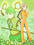  bad_id bad_pixiv_id blonde_hair bodysuit bruce_lee's_jumpsuit chinese_clothes detached_sleeves dragon_kid dual_persona green_eyes green_hair hand_on_hip huang_baoling jumpsuit mikanoff orange_bodysuit short_hair shorts staff superhero thighhighs tiger_&amp;_bunny 