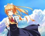  air bad_id bad_pixiv_id blonde_hair closed_eyes cloud day highres kamio_misuzu kawakami_tomoko long_hair ponytail ren_(hissorito.) school_uniform sky solo v 