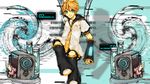  aqua_eyes arm_behind_back arm_warmers bass_clef binary blonde_hair boy hand_behind_back heart highres itizune kagamine_len leg_lift leg_warmers male male_focus necktie sailor_collar shirt short_sleeves shorts sitting solo speaker spiral t-shirt vocaloid white_shirt wing wings 