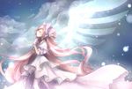  515m alternate_costume boots bow choker closed_eyes cloud dress gloves glowing gown hair_bow hair_ornament hands_on_own_chest highres kaname_madoka layered_dress layered_skirt long_dress long_hair mahou_shoujo_madoka_magica night pink_hair praying profile ribbon_choker single_wing sky solo star_(sky) starry_sky tears thigh_boots thighhighs ultimate_madoka very_long_hair white_gloves white_legwear wings zettai_ryouiki 