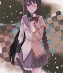  akemi_homura asymmetrical_clothes asymmetrical_hair bad_id bad_pixiv_id black_hair blouse bow braid cccpo checkered checkered_background closed_eyes dual_persona frilled_skirt frills glasses hand_on_own_chest hand_over_heart long_hair looking_at_viewer magical_girl mahou_shoujo_madoka_magica one_eye_closed pantyhose plaid plaid_skirt pleated_skirt purple_eyes red-framed_eyewear ribbon school_uniform skirt split_theme standing staring weapon 