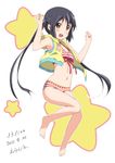  2011 barefoot bikini black_hair brown_eyes dated errant hood hoodie jacket jacket_over_swimsuit jumping k-on! long_hair nakano_azusa navel open_clothes solo star striped striped_bikini striped_swimsuit swimsuit twintails 