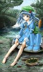  :3 absurdres backpack bag barefoot blue_dress blue_eyes blue_footwear blue_hair blush boots boots_removed cattail cucumber dress hair_bobbles hair_ornament hat highres kawashiro_nitori key knee_boots kouzui nature plant rubber_boots shoes_removed short_hair sitting soaking_feet solo touhou tree two_side_up water 
