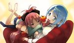  apple barefoot food fruit kanipanda mahou_shoujo_madoka_magica miki_sayaka multiple_girls sakura_kyouko school_uniform 