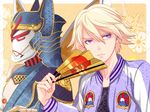  blonde_hair dual_persona fan folding_fan helmet ivan_karelin male_focus mikanoff origami_cyclone purple_eyes shuriken superhero tiger_&amp;_bunny 