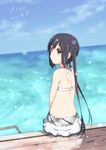  2011 black_hair brown_eyes dated day errant from_behind k-on! long_hair looking_back nakano_azusa sitting solo swimsuit twintails water 