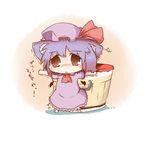  1girl :o animal_ears bat_wings blue_hair blush cat_ears cat_tail chibi cup dekasudachin detached_wings dress food hat kemonomimi_mode mini_wings necktie open_mouth outstretched_arms pink_dress pudding red_eyes remilia_scarlet short_hair solo tail tears touhou translated trembling wings 