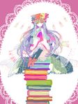  book book_stack book_tower colorful crescent green_eyes hat long_hair oekaki pantyhose patchouli_knowledge pile_of_books purple_hair sitting sitting_on_object solo tegaki touhou 