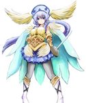  armor blue_eyes blue_hair cape elise_(gungnir) gungnir haruyukiko head_wings pantyhose skirt solo sword weapon wings 