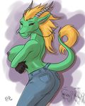  black_sclera blonde_hair breasts chimangetsu chinese_dragon clothing dragon female green green_body hair horn horns jeans kadath long_ears long_hair looking_at_viewer myn nipples nym pants red_eyes scalie side_boob side_view solo tail tail_button_bottoms tail_clothing whiskers xiao 