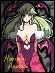  animal_print bad_id bad_pixiv_id bare_shoulders bat_print bat_wings breasts cleavage demon_girl green_hair head_wings kurobuta_(pachiko) large_breasts leotard long_hair morrigan_aensland pantyhose print_legwear sideboob solo succubus vampire_(game) wings yellow_eyes 