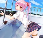  absurdres ass blush cellphone cloud day earbuds earphones gun highres lens_flare mole mole_on_thigh ok-ray original panties phone pink_hair plaid plaid_skirt ponytail red_eyes rifle rooftop school_uniform skirt sky sniper_rifle solo thigh_strap underwear weapon 
