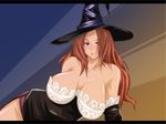  1girl arm_support bare_shoulders blush breasts brown_eyes curvy detached_sleeves dragon&#039;s_crown dragon's_crown dress female hat large_breasts long_hair lying on_side orange_hair reizima solo sorceress sorceress_(dragon&#039;s_crown) sorceress_(dragon's_crown) strapless_dress vanillaware witch witch_hat 